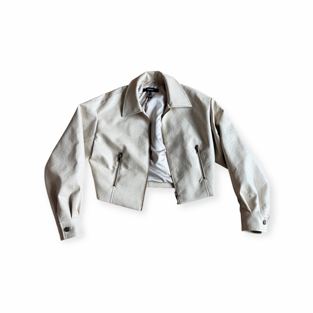 Forever 21 Cream Faux Leather Cropped Jacket Sz. M